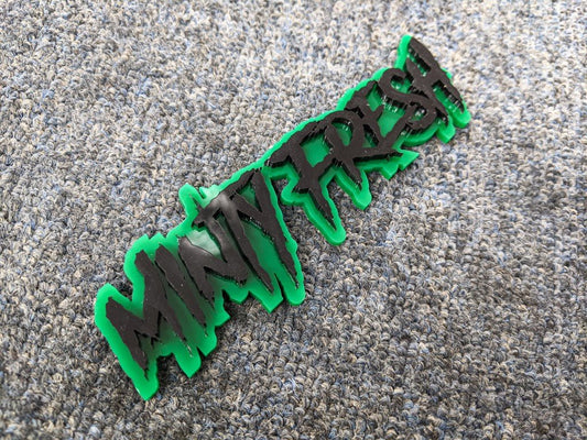 Minty Fresh Car Badge - Gloss Black on Green - Aggressive Font - Tape Mounting - Atomic Car Concepts