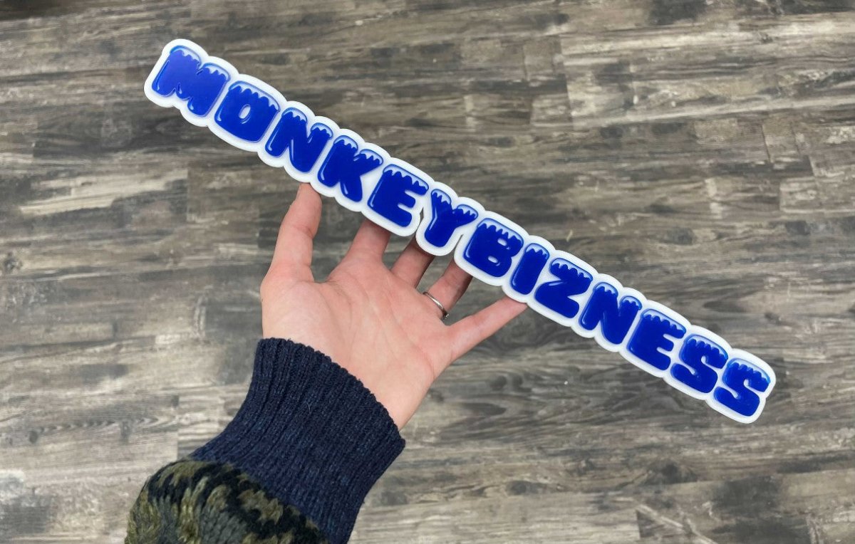 Monkey Bizness Car Badge - Blue On White - Ice Font - Atomic Car Concepts