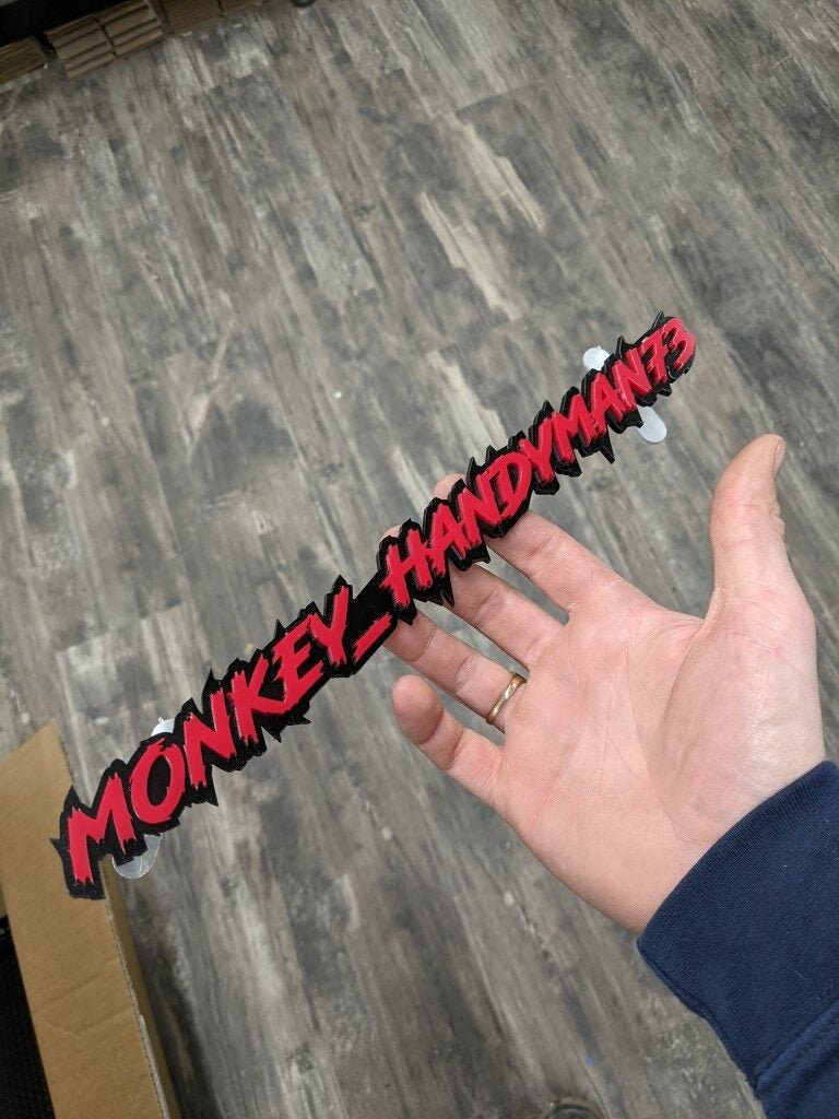 Monkey_Handyman73 Car Badge - Red On Gloss Black - Lightning Font ...