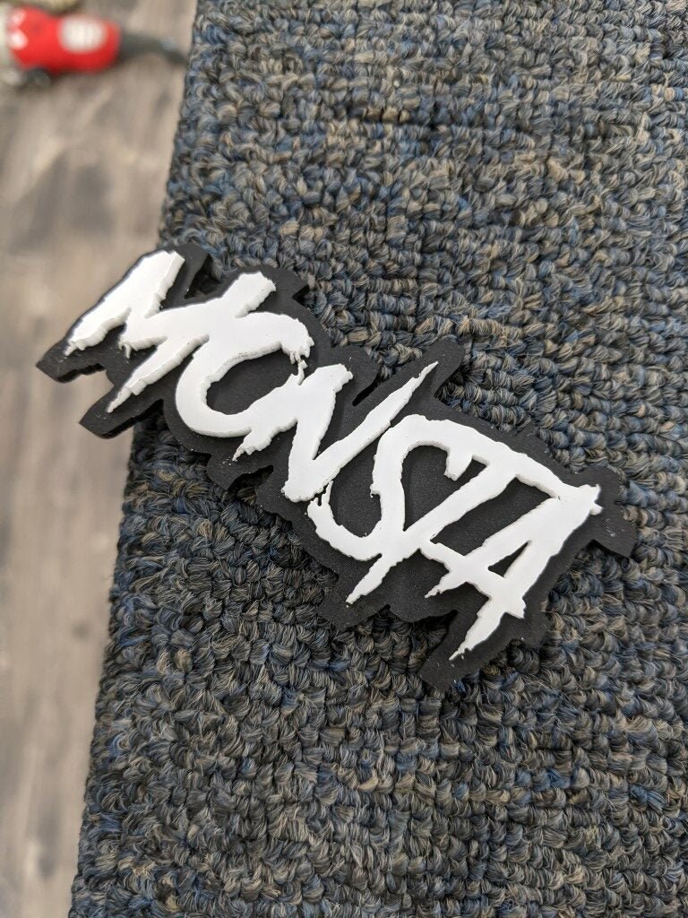 Monsta Car Badge - White On Gloss Black - Aggressive Font - Atomic Car Concepts