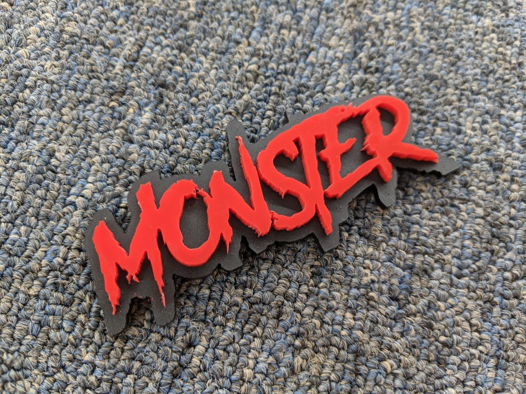 Monster Car Badge - Red On Matte Black - Aggressive Font - Atomic Car Concepts