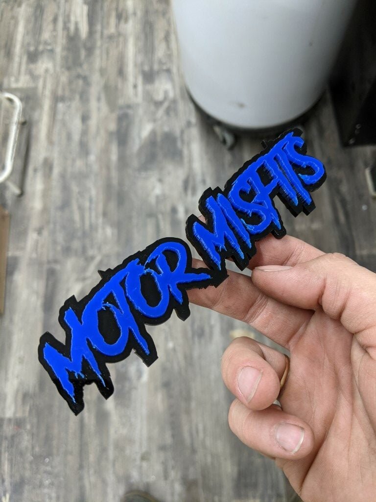 Motor Misfits Car Badge - Blue On Gloss Black - Aggressive Font - Atomic Car Concepts