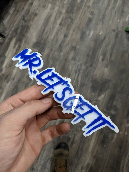 Mr. Lets Get It Car Badge - Blue On White - Aggressive Font - Atomic Car Concepts