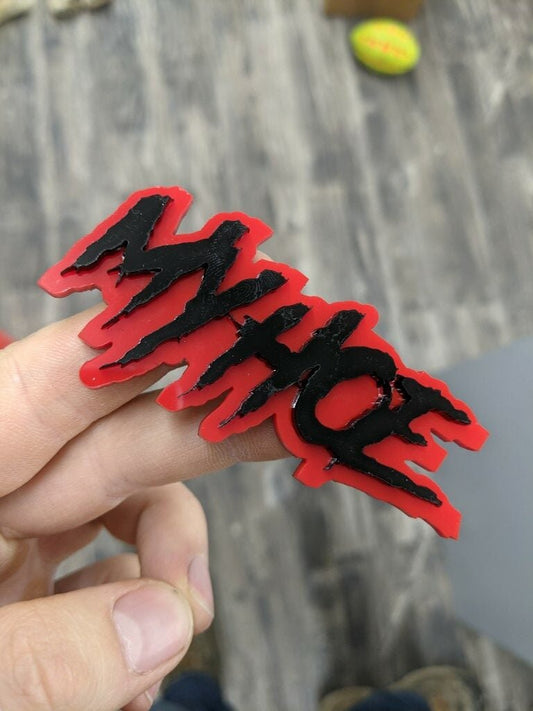 My Hoe Car Badge - Gloss Black On Red - Aggressive Font - Atomic Car Concepts