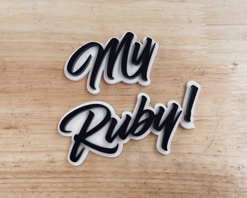 My Ruby! Car Badge - Gloss Black On White - Script Font - Atomic Car Concepts