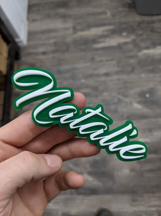 Natalie Car Badge - White On Green - Script Font - Atomic Car Concepts