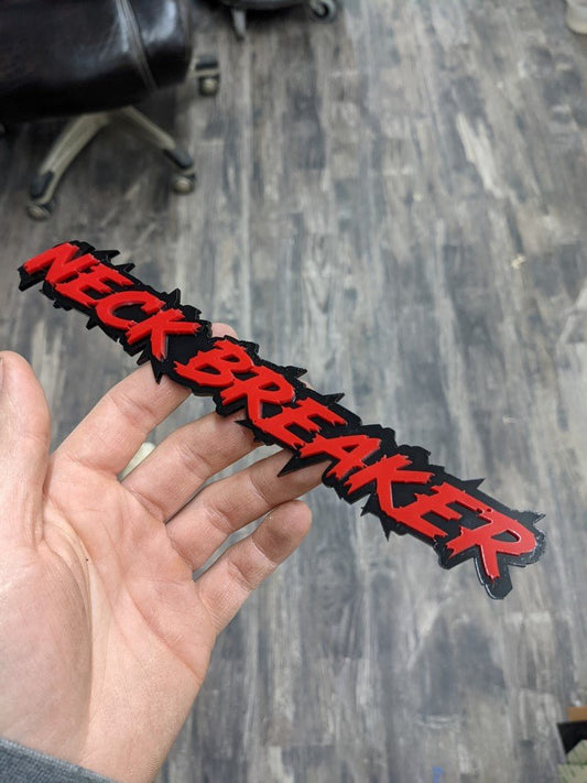 Neck Breaker Car Badge - Red On Gloss Black - Lightning Font - Atomic Car Concepts