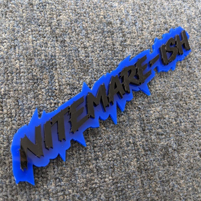 Nitemare_ish Car Badge - Gloss Black On Blue - Lightning Font - Atomic Car Concepts