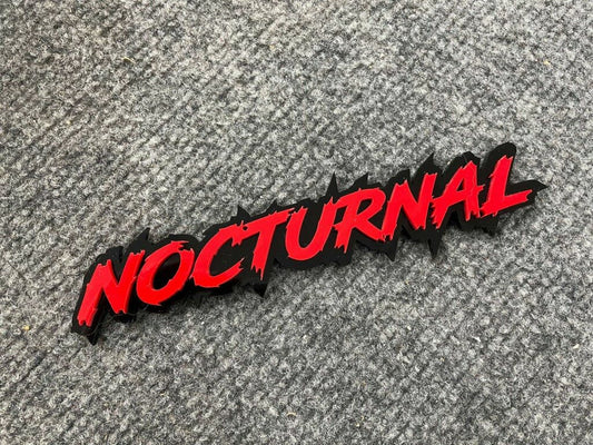 Nocturnal Car Badge - Red On Gloss Black - Lightning Font - Atomic Car Concepts