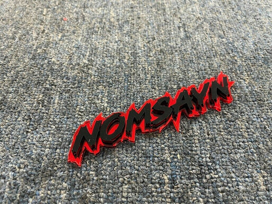 Nomsayn Car Badge - Gloss Black On Mirror Red - Lightning Font - Atomic Car Concepts