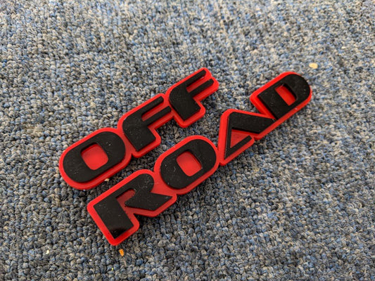 Off Road Car Badge - Gloss Black on Red - OEM Font - Tape Mounting - Atomic Car Concepts