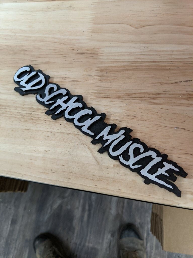 Old School Muscle Car Badge - Brushed Silver On Gloss Black - Aggressive Font - Atomic Car Concepts