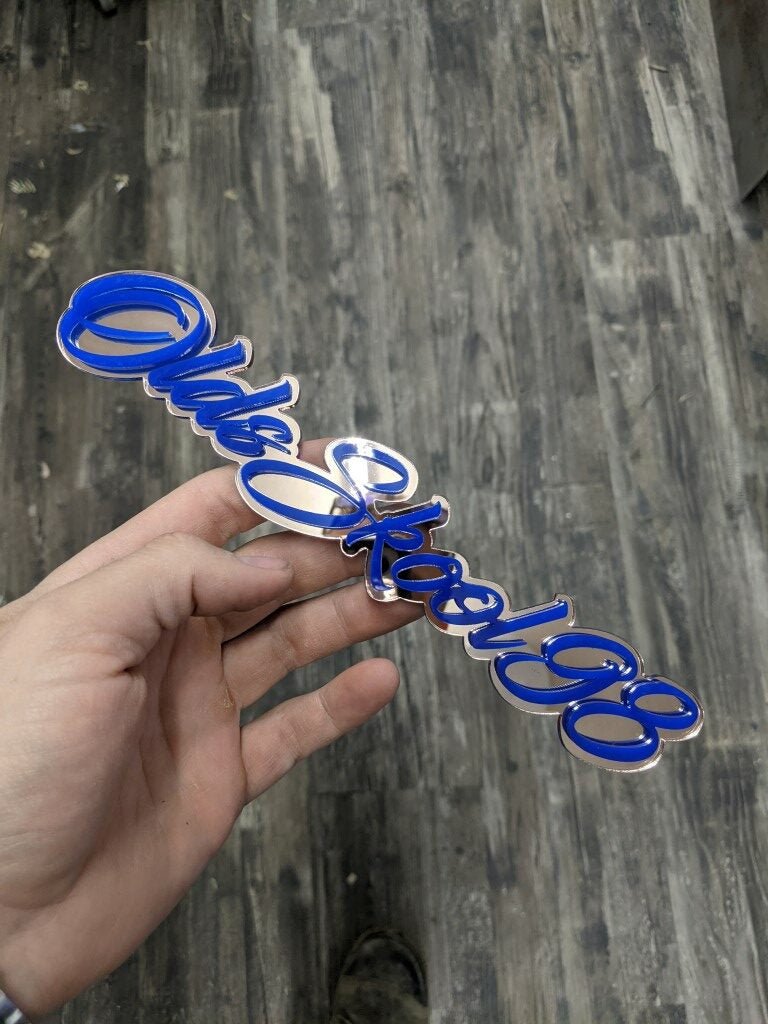 OldSkool98 Car Badge - Blue On Mirror Silver - Script Font - Atomic Car Concepts