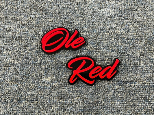 Ole Red Car Badge - Red On Gloss Black - Script Font - Atomic Car Concepts