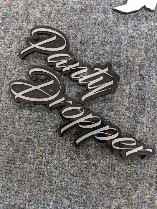 Panty Dropper Car Badge - Brushed Silver On Gloss Black - Script Font - Atomic Car Concepts