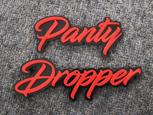 Panty Dropper Car Badge - Red On Gloss Black - Script Font - Atomic Car Concepts