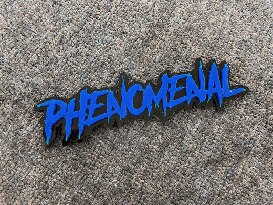 Phenomenal Car Badge - Blue On Gloss Black - Aggressive Font - Atomic Car Concepts