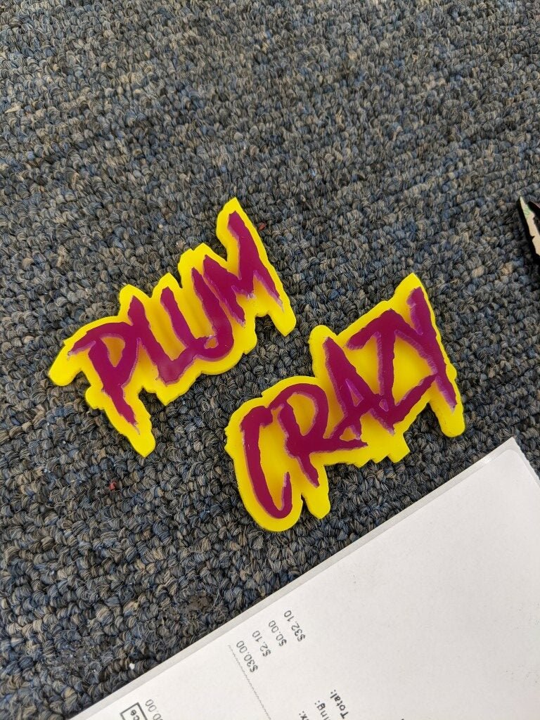 Plum Crazy Car Badge - Mirror Red On Yellow - Aggressive Font - Atomic Car Concepts