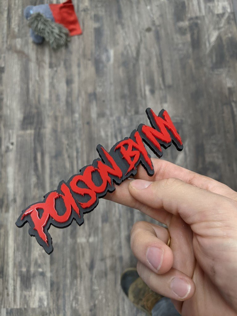 Poison By Ivy Car Badge - Red On Matte Black - Aggressive Font - Atomic Car Concepts