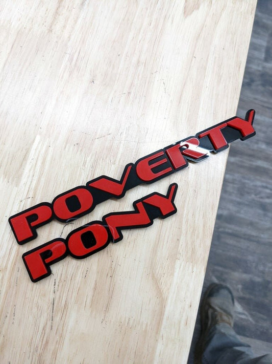 Poverty Pony Car Badge - Red On Gloss Black - OEM Font - Atomic Car Concepts