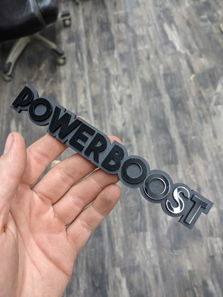 Powerboost Car Badge - Gloss Black On Matte Black - Block Font - Atomic Car Concepts