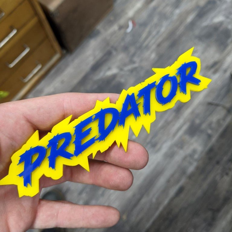 Predator Car Badge - Blue on Yellow - Lightning Font - Tape Mounting - Atomic Car Concepts