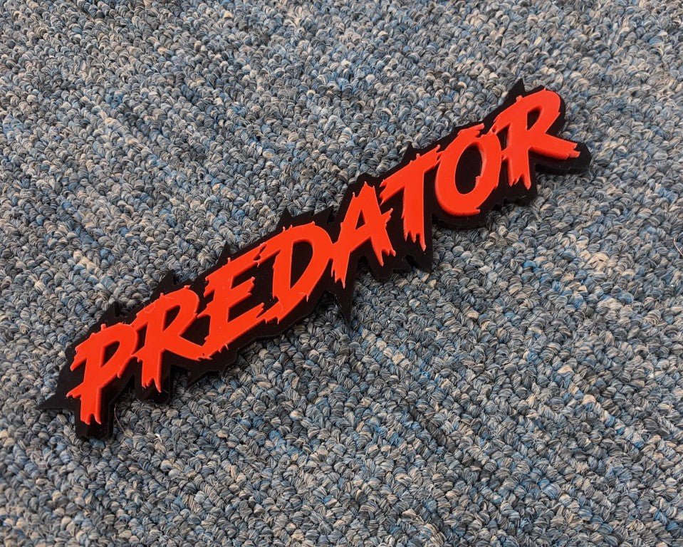Predator Car Badge - Red On Gloss Black - Lightning Font - Atomic Car Concepts