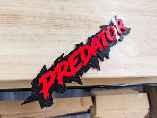 Predator Car Badge - Red on Gloss Black - Lightning Font - Tape Mounting - Atomic Car Concepts