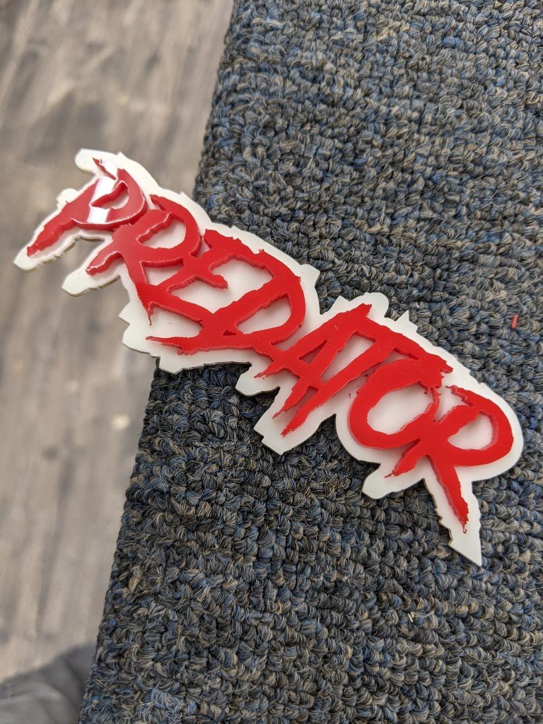 Predator Car Badge - Red On White - Aggressive Font – Atomic Car Concepts