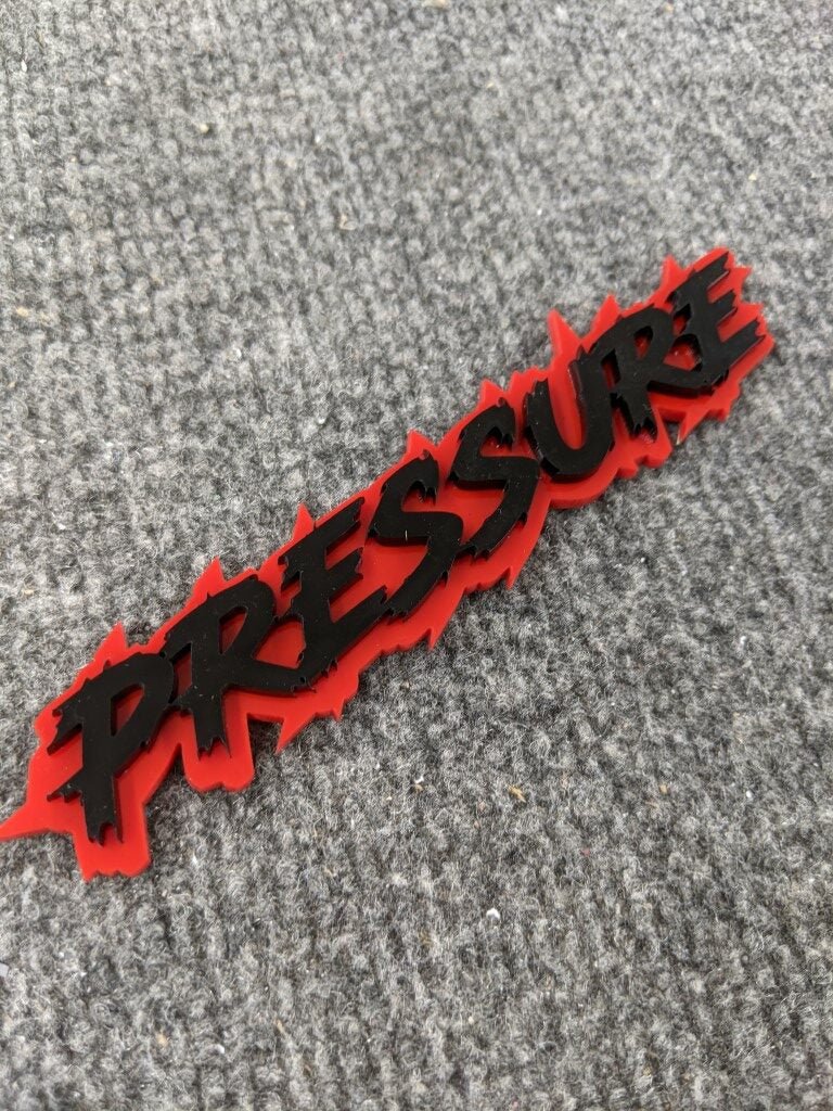 Pressure Car Badge - Gloss Black On Red - Lightning Font – Atomic Car ...