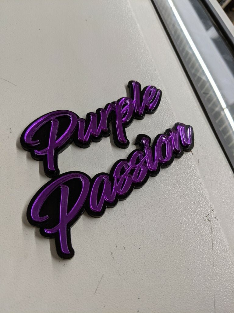 Purple Passion Car Badge - Mirror Purple on Gloss Black - Script Font - Atomic Car Concepts