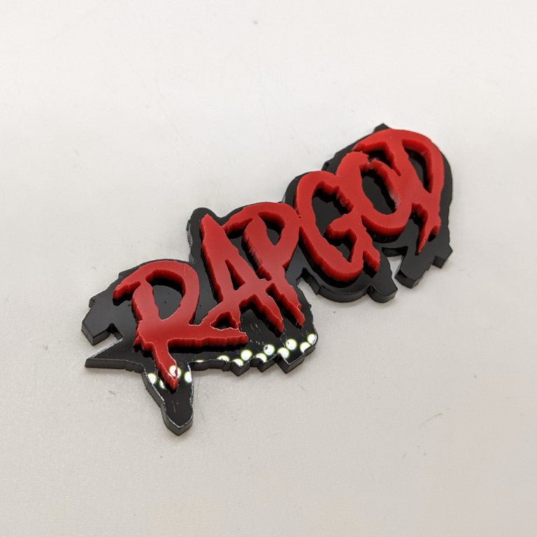 Rapgod Car Badge - Red on Gloss Black - Aggressive Font - Tape Mounting - Atomic Car Concepts