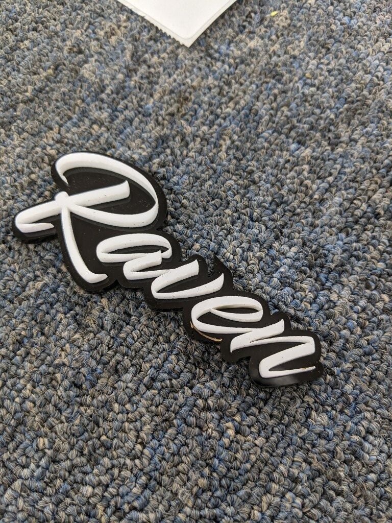 Raven Car Badge - White on Gloss Black - Script Font - Atomic Car Concepts