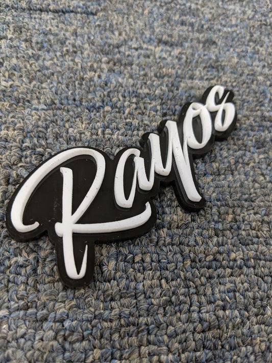 Rayos Car Badge - White on Gloss Black - Script Font - Atomic Car Concepts