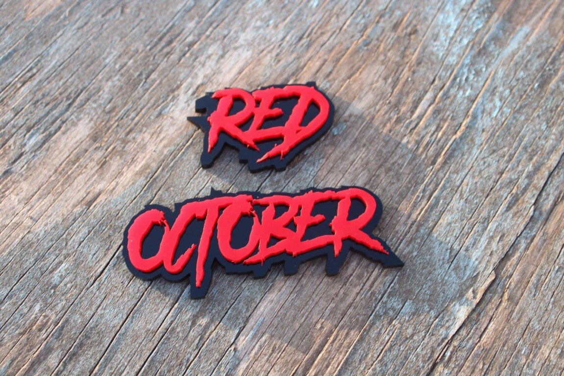Red October Car Badge - Red On Gloss Black - Aggressive Font - Atomic Car Concepts