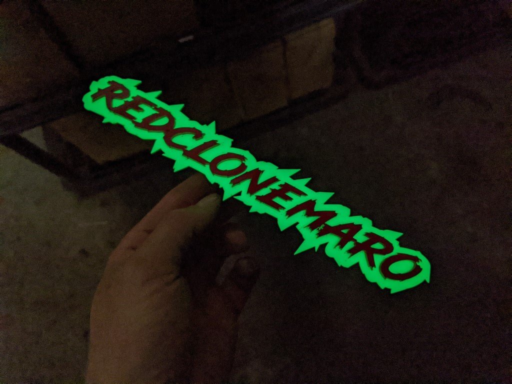 Redclosemaro Car Badge - Red on Glow - Lightning Font - Tape Mounting - Atomic Car Concepts