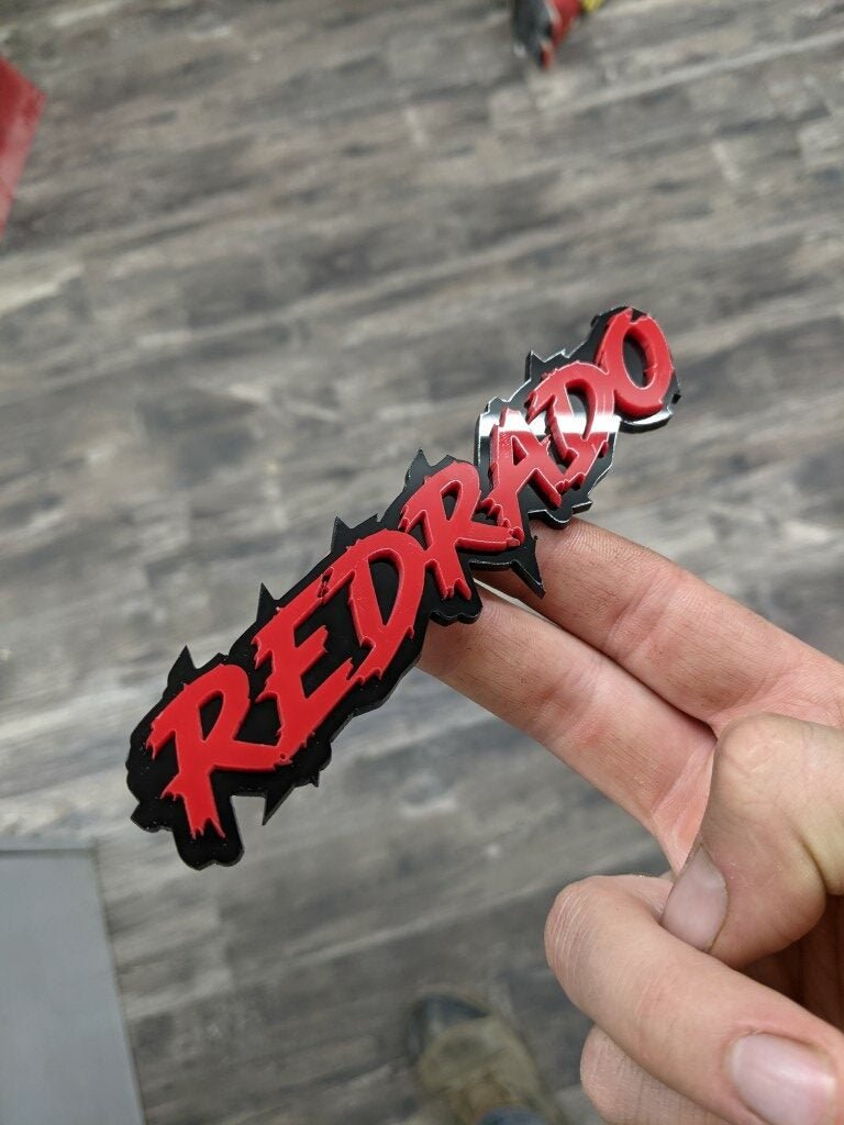 Redrado Car Badge - Red On Gloss Black - Lightning Font – Atomic Car ...