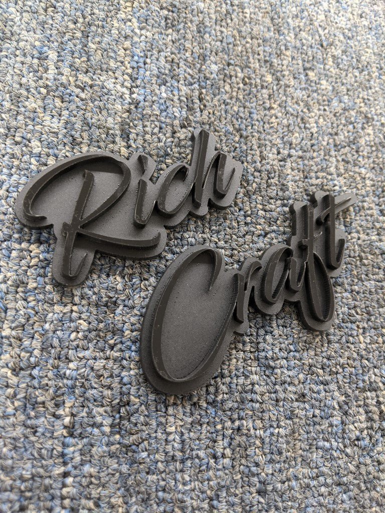 Rich Craft Car Badge - Gloss Black on Matte Black - Script Font - Atomic Car Concepts