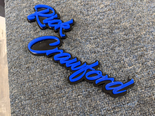 Rick Crawford Car badge - Blue On Gloss Black - Script Font - Atomic Car Concepts