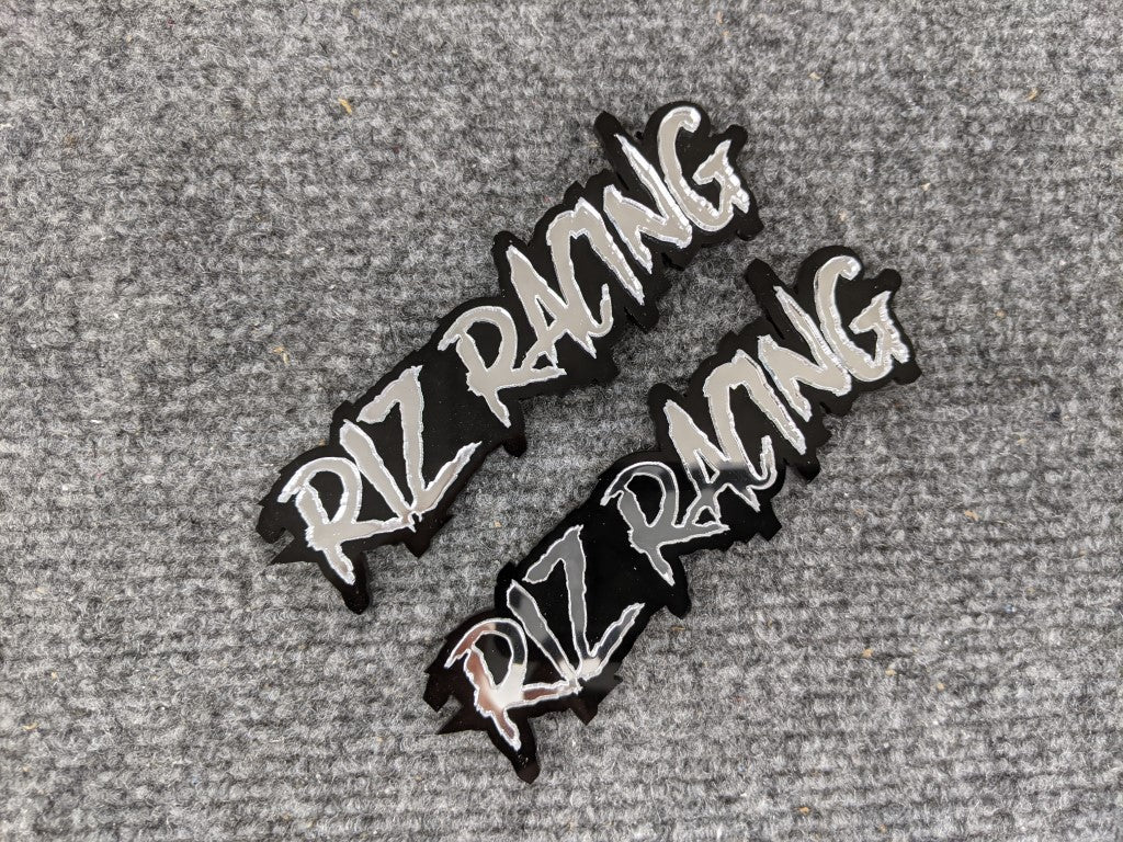 Riz Racing Car Badge - Mirror Silver on Gloss Black - Aggressive Font - Atomic Car Concepts