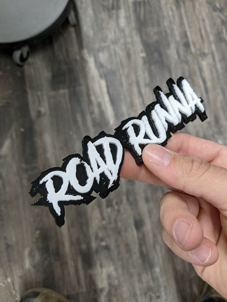 Road Runna Car Badge - White On Gloss Black - Aggressive Font - Atomic Car Concepts