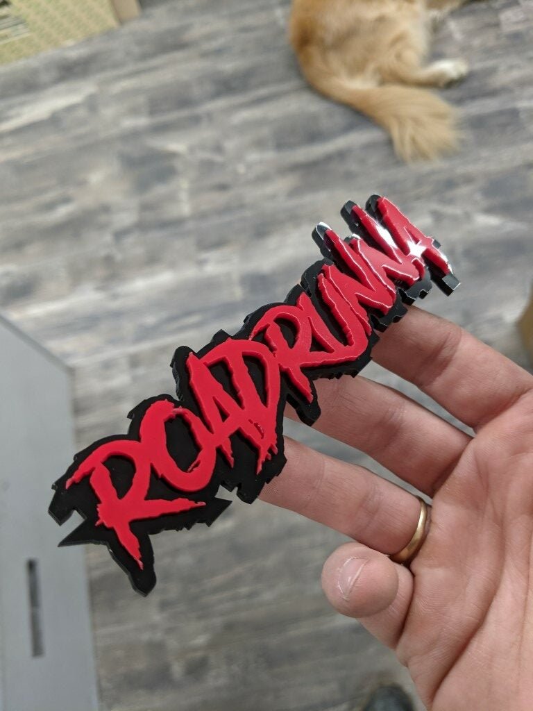 Roadrunna Car Badge - Red On Gloss Black - Aggressive Font - Atomic Car Concepts