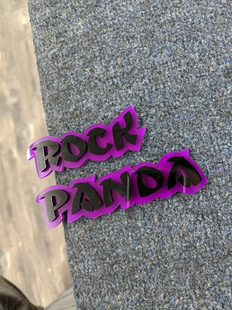 Rock Panda Car Badge - Gloss Black On Purple - Ninja Font - Atomic Car Concepts