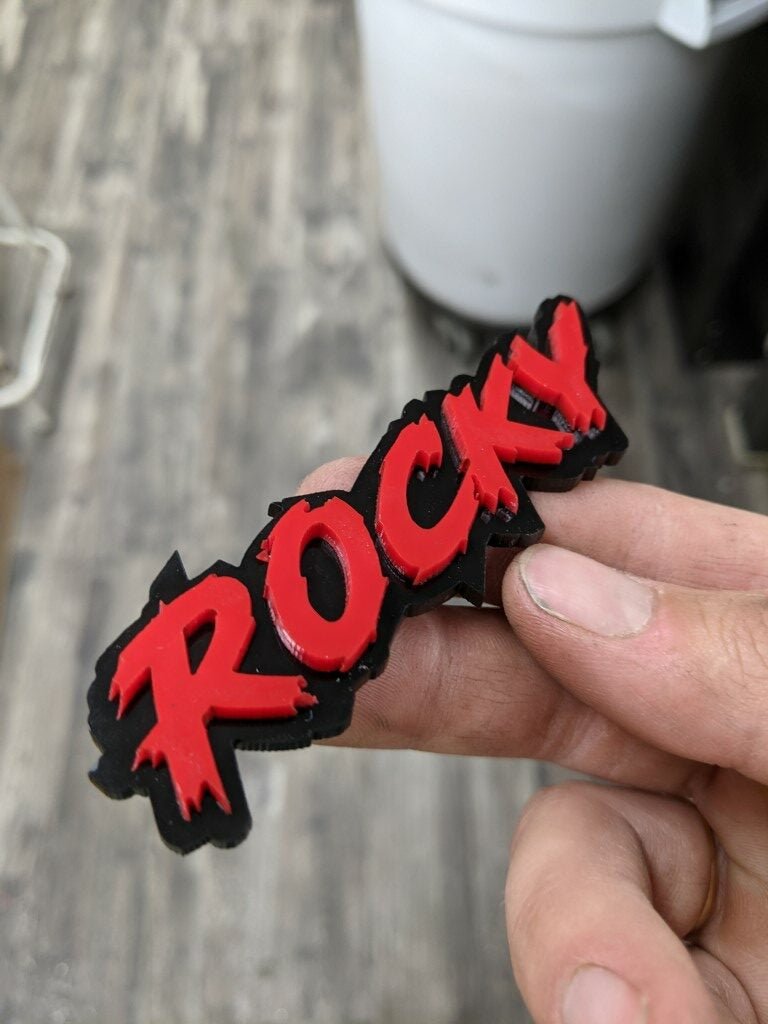 Rocky Car Badge - Red On Gloss Black - Lightning Font - Atomic Car Concepts