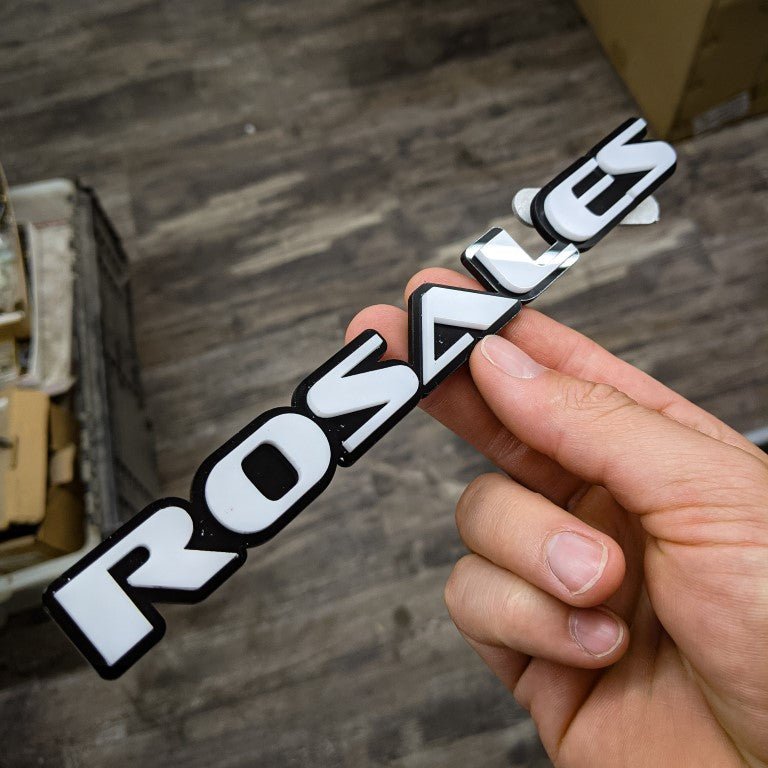 Rosales Car Badge - White on Gloss Black - OEM Font - Atomic Car Concepts