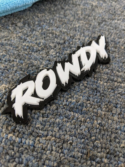 Rowdy Car Badge - White On Gloss Black - Lightning Font - Atomic Car Concepts