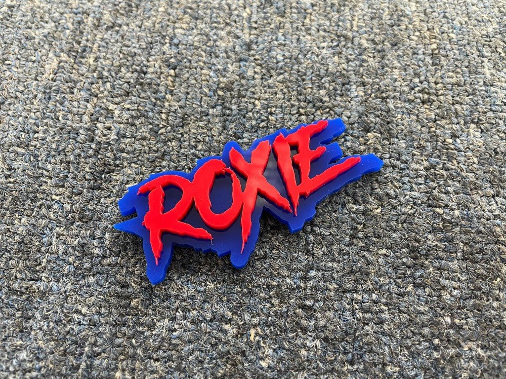 Roxie Car Badge - Red On Blue - Aggressive Font - Atomic Car Concepts