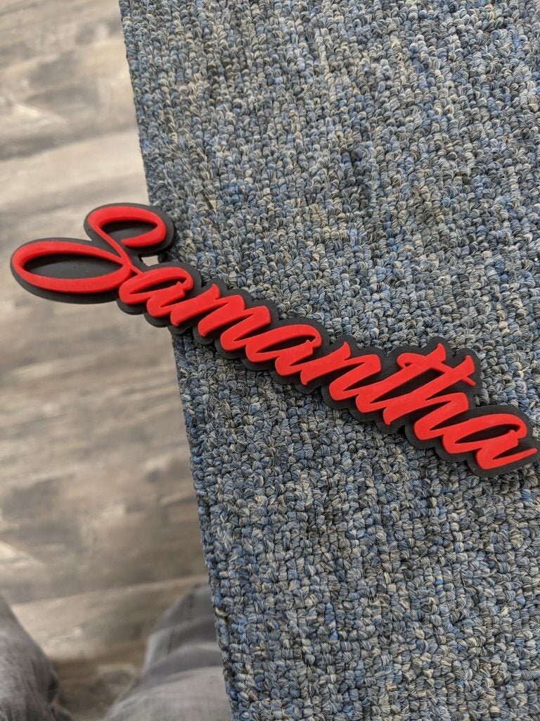 Samantha Car Badge - Red On Matte Black - Script Font - Atomic Car Concepts