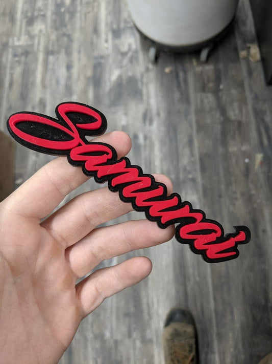 Samurai Car Badge - Red On Gloss Black - Script Font - Atomic Car Concepts