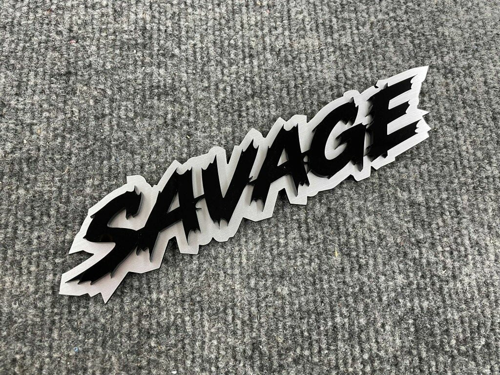 Savage Car Badge - Gloss Black On White - Lightning Font - Atomic Car Concepts